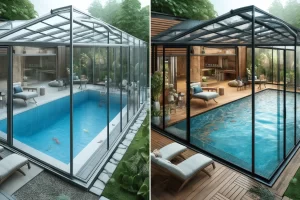 image graphique représentant une piscine avec un abri récemment installé. La partie "avant" montre une piscine ouverte, exposée aux éléments avec des débris et de la saleté. La partie "après" présente une piscine magnifiquement couverte avec des lignes modernes et épurées, des panneaux en polycarbonate clair, un cadre en aluminium, et une terrasse élégante en pierre naturelle et en matériaux composites. L'espace environnant comprend des chaises longues confortables et une verdure luxuriante. L'ambiance générale est moderne, luxueuse et accueillante, mettant en avant la protection et le style de l'abri de piscine.