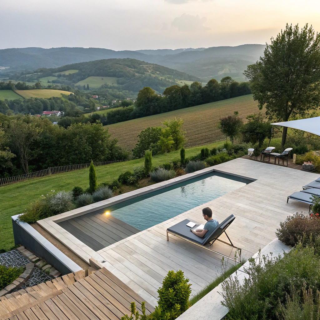 Piscine connect&eacute;e int&eacute;gr&eacute;e dans un jardin du Cantal